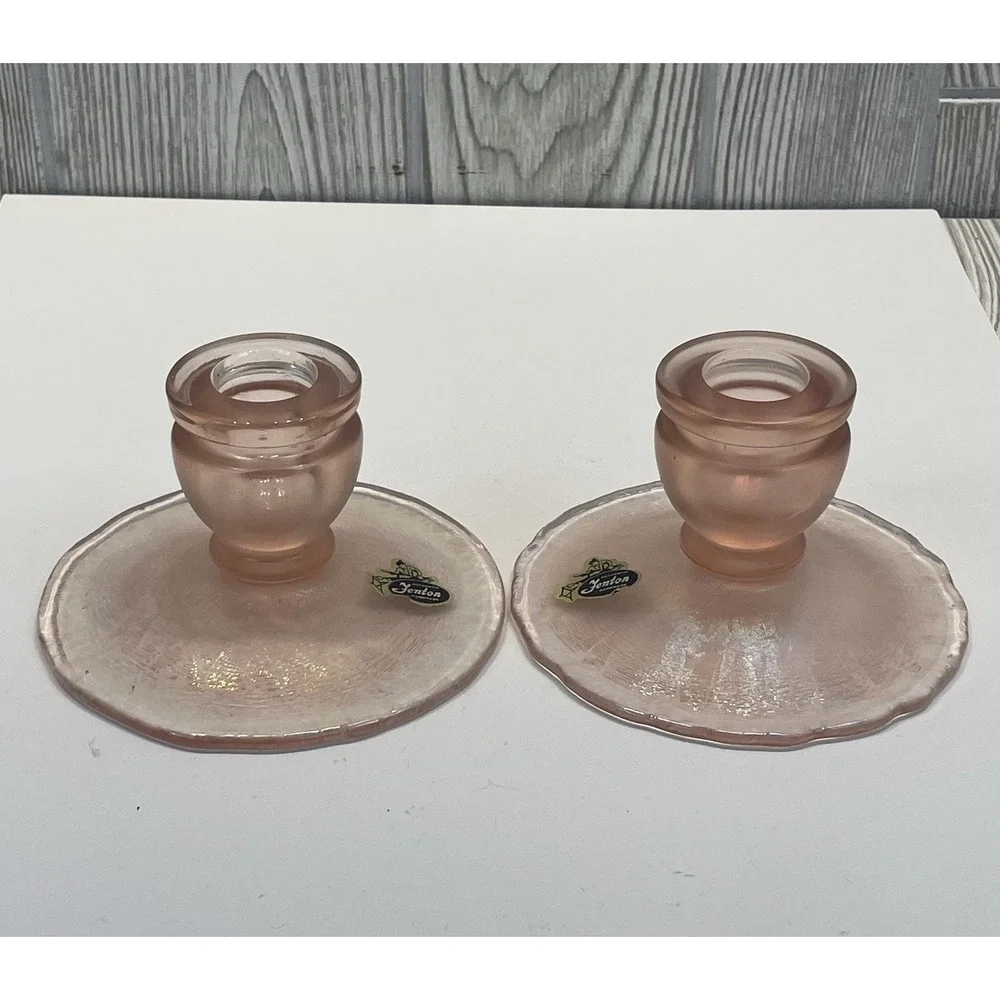 Vintage Fenton Pink Velva Rose Iridescent Glass Candlesticks Candle Holders